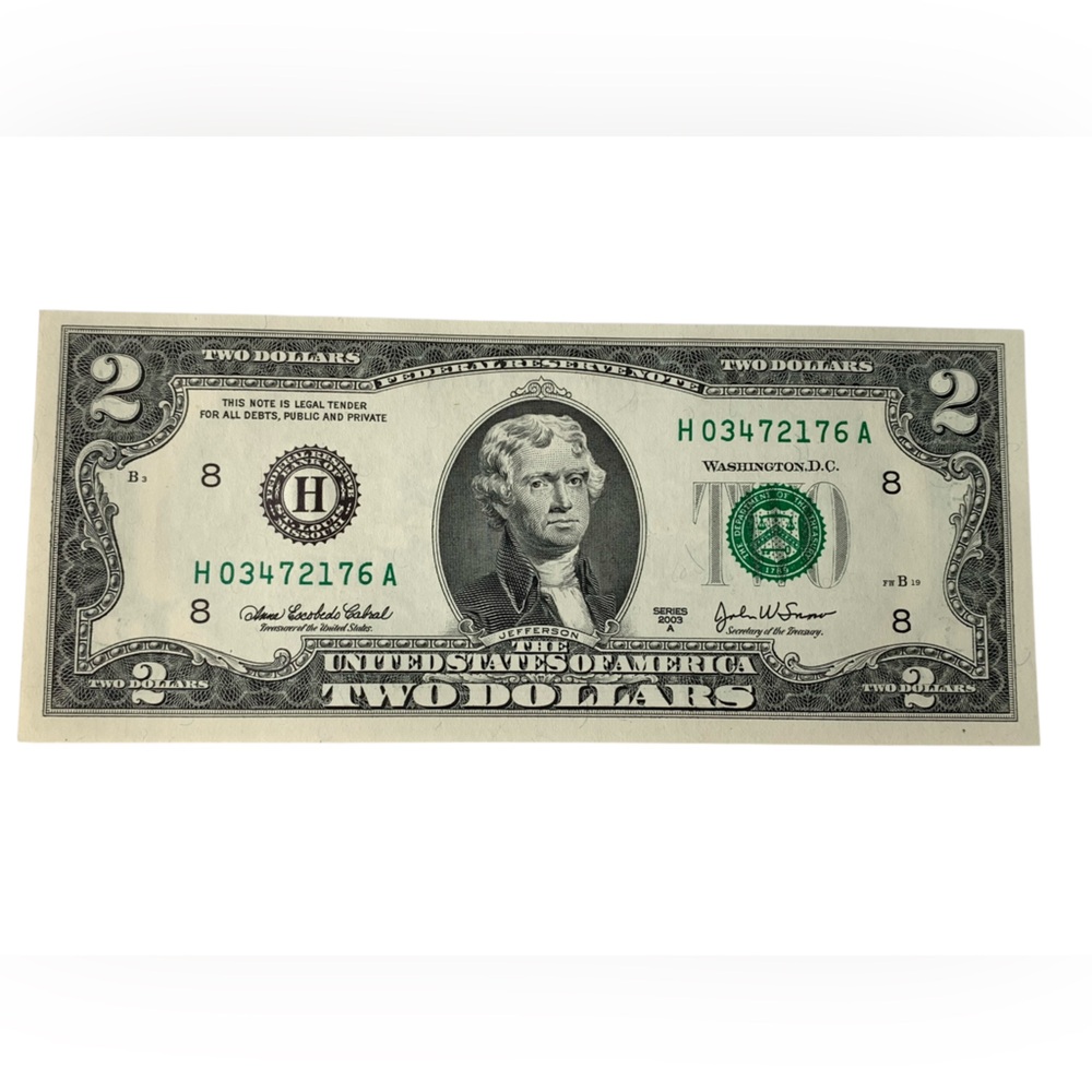 Two Dollar Bill with Green Seal Series 2003A H03472176A Serial Number